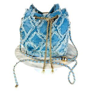 Frayed Light Blue Denim Bucket Bag With Gold Chain Strap & Drawstring Closure